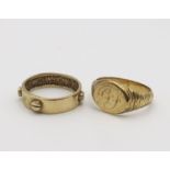 A gents 9ct gold signet ring, size W1/2, together with a yellow metal band ring size U, weight 11.