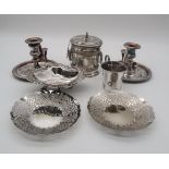 A collection of EPNS including a pair of chambersticks, with gadrooned rim, an EPNS lobed dish,