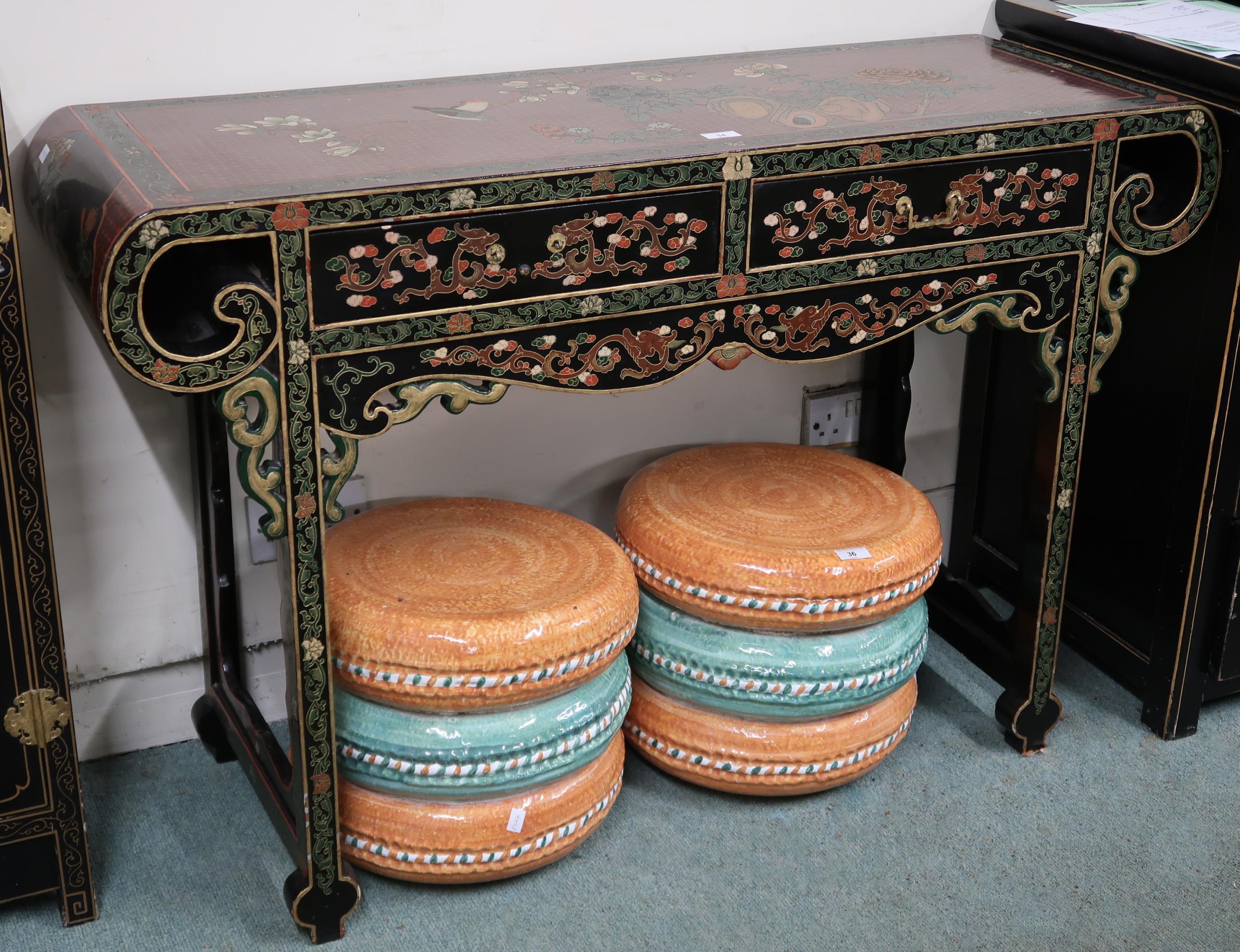 A 20th century black lacquer Chinese altar table with scroll end top over pair of drawers on - Image 2 of 8