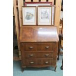 A lot comprising 20th century mahogany bureau and five assorted framed pictures (6) Condition