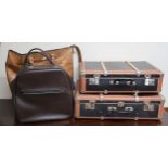 A graduating pair of wood bound travel cases, St Michael faux leather bag and another brown vinyl