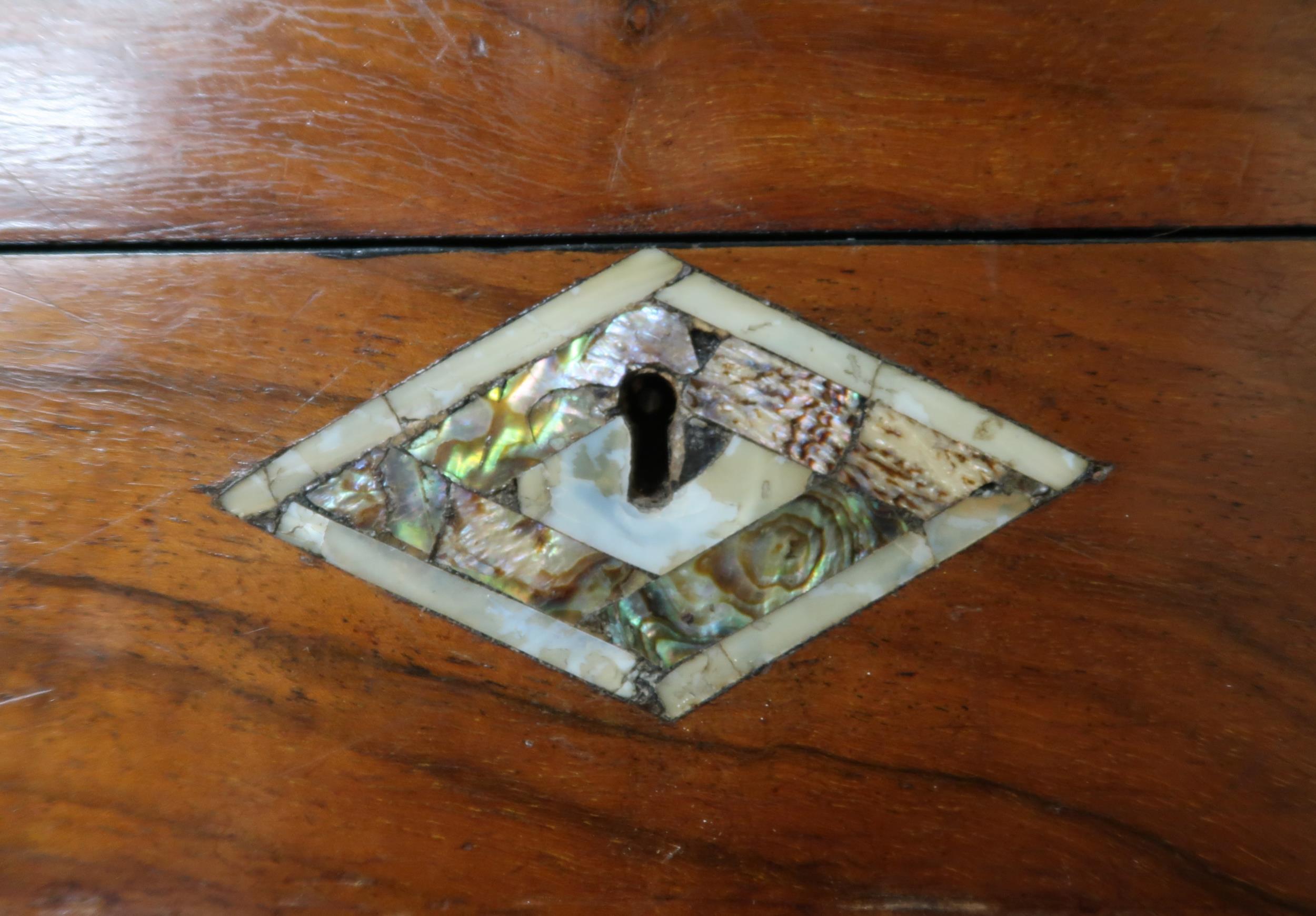 A Victorian rosewood writing slope with abalone and mother of pearl inlays to top and escutcheon and - Image 4 of 7