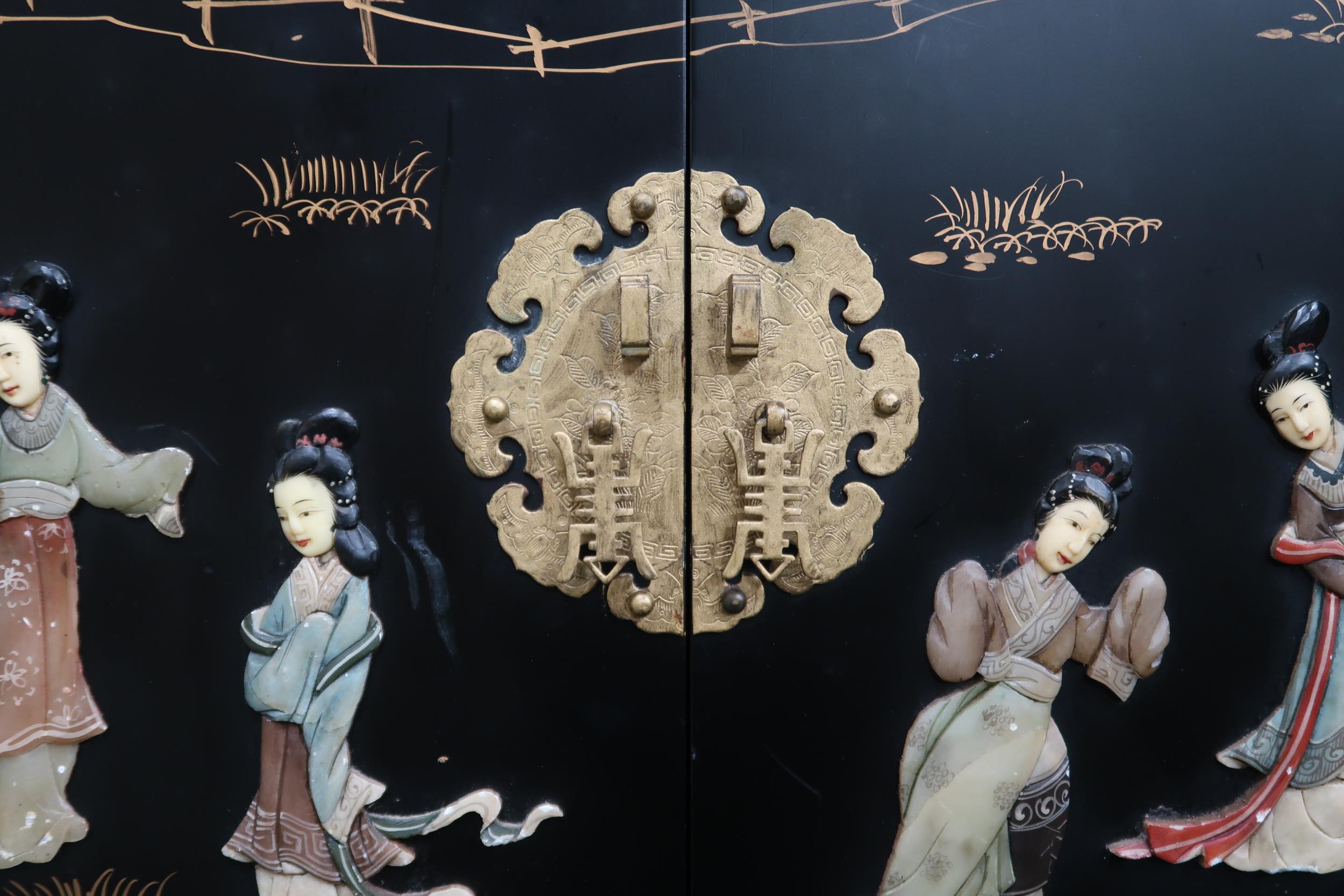 A 20th century faux lacquer Chinese style two door cabinet with stone overlays to doors on square - Image 2 of 5