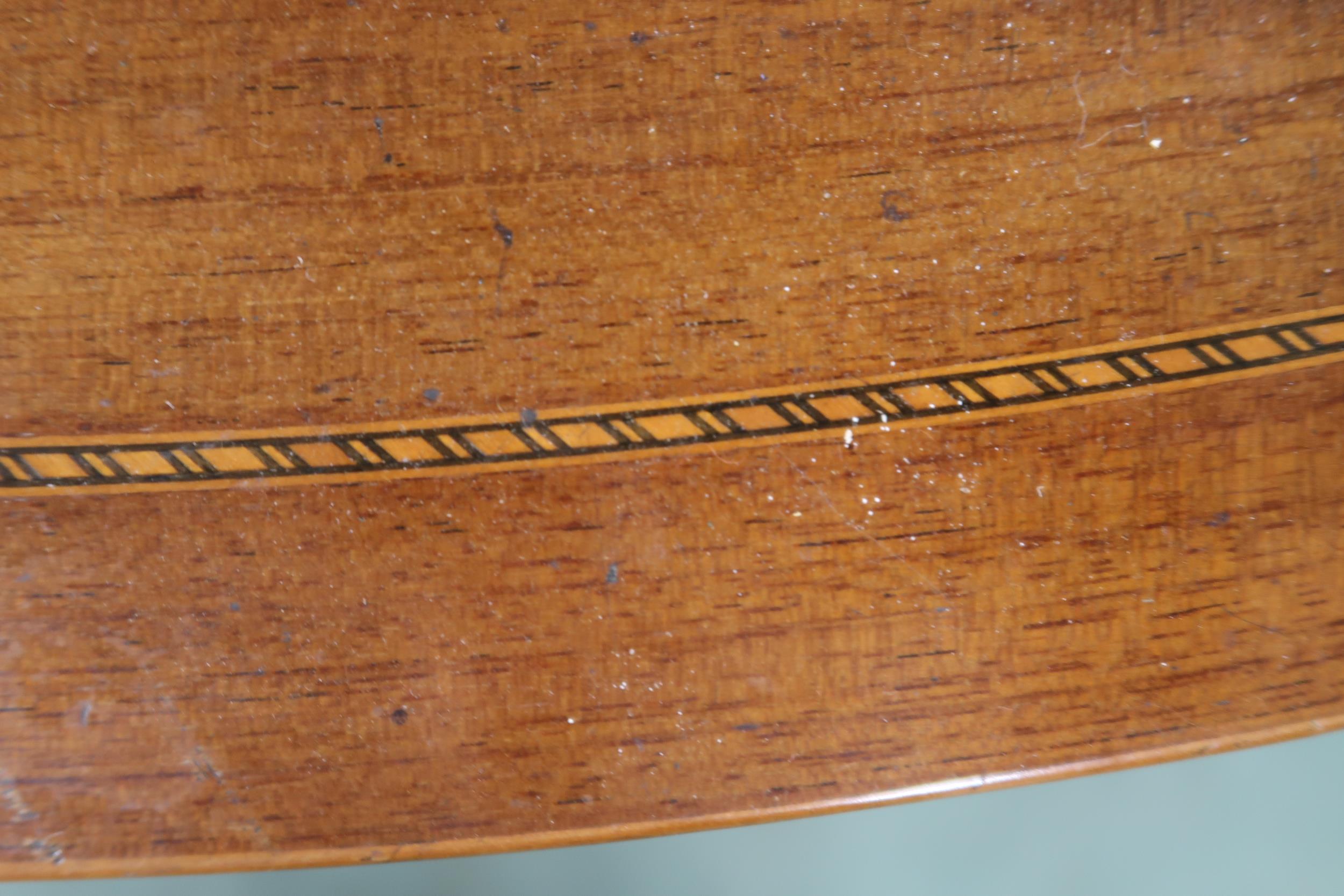 A late Victorian mahogany and satinwood inlaid demi lune table with single drawer flanked by faux - Image 4 of 5