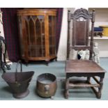 A lot comprising 19th century oak hall chair, brass planter with lion masque handles on paw feet,