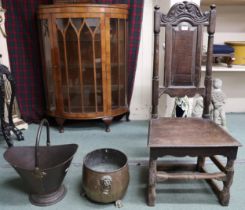 A lot comprising 19th century oak hall chair, brass planter with lion masque handles on paw feet,