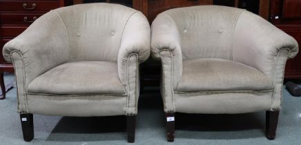A pair of 20th century velour upholstered tub armchairs on square tapering supports, 67cm high