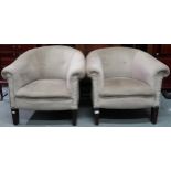 A pair of 20th century velour upholstered tub armchairs on square tapering supports, 67cm high