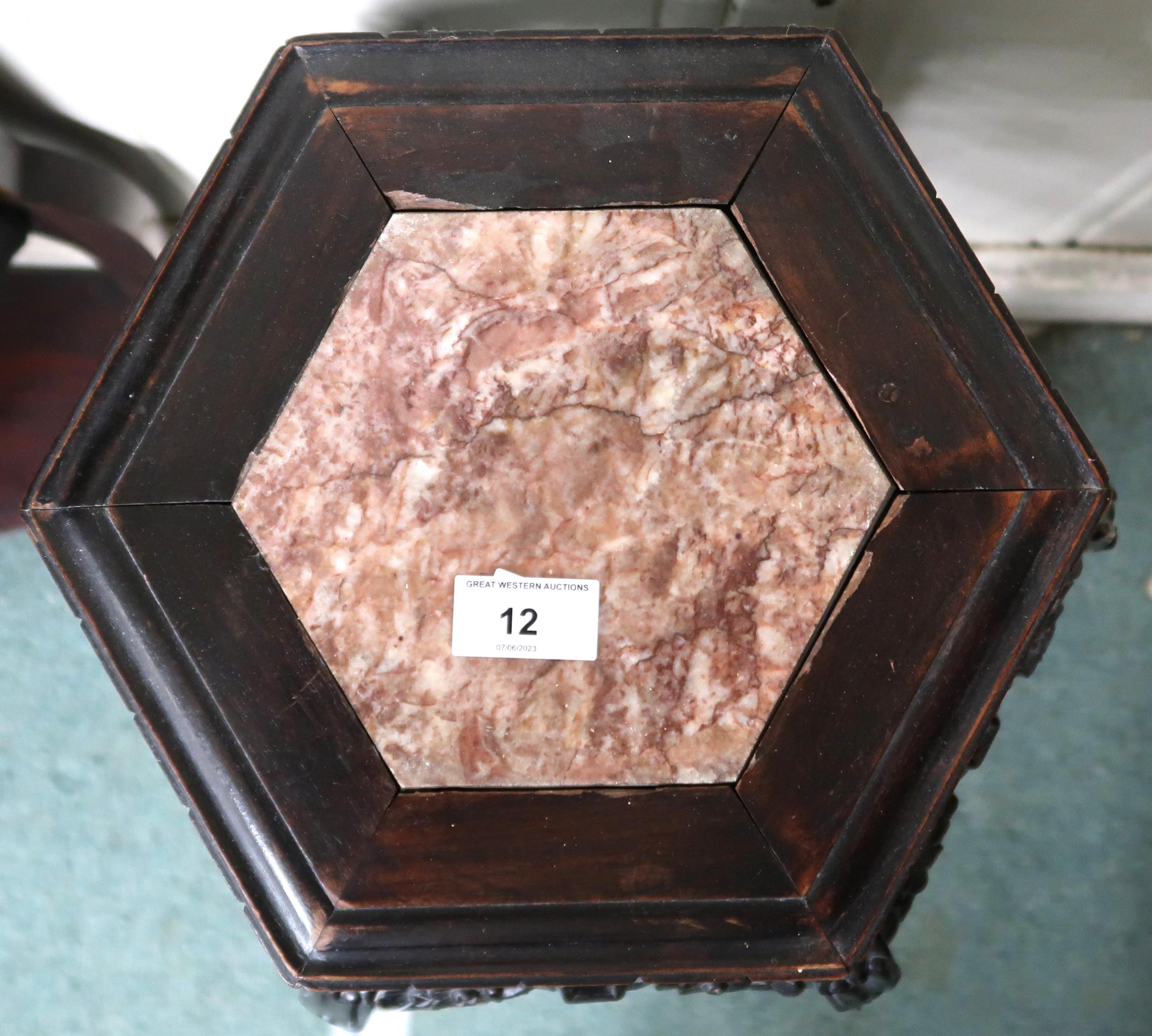 A 19th century Chinese jardinière stand with hexagonal marble inset top over carved pierced - Image 2 of 6