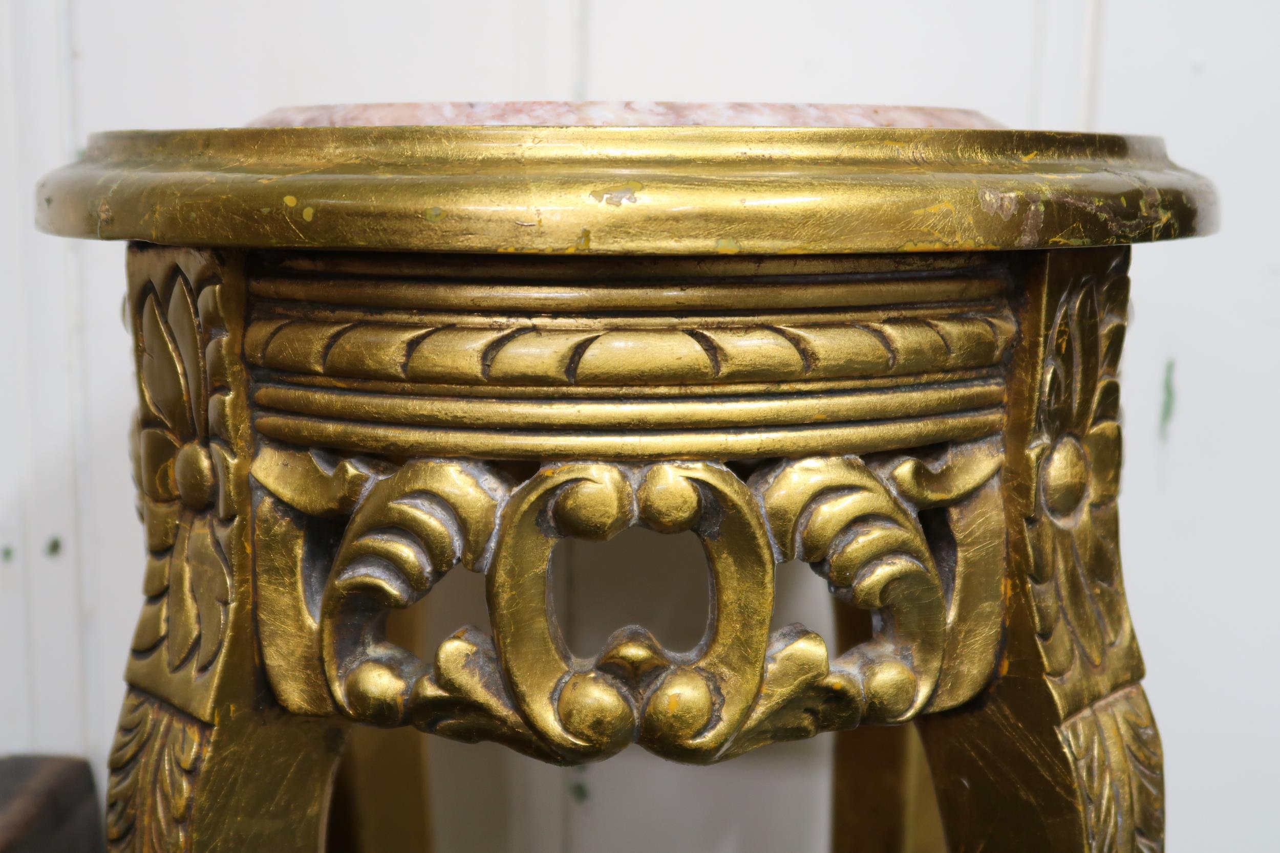 A late Victorian gilt framed jardinière stand with marble top over carved pierced friezes on - Image 3 of 4