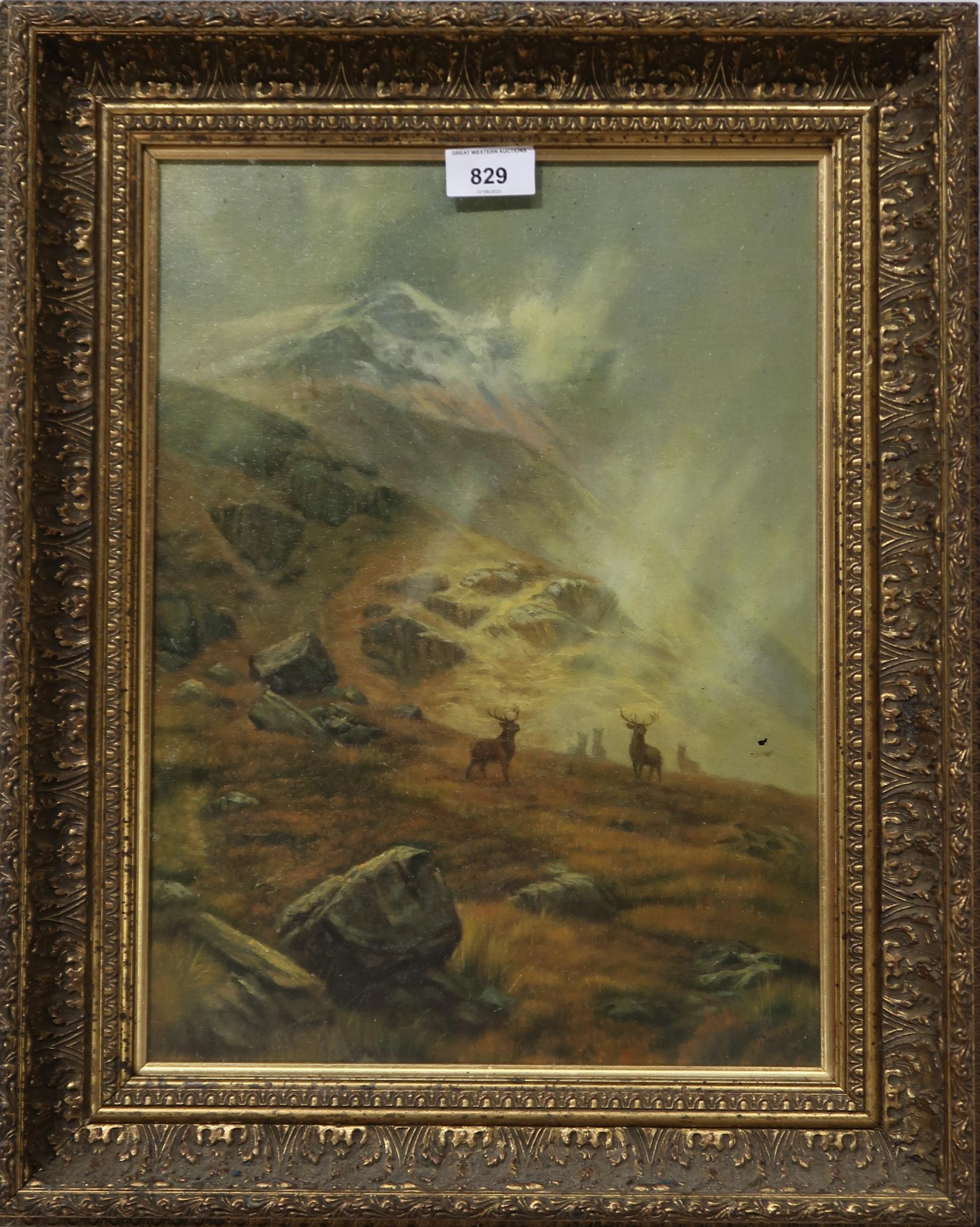 CAMERON DOUGLAS Deer in a mountainous glen, signed, oil on canvas, 41 x 30cm  Condition Report: - Image 2 of 3
