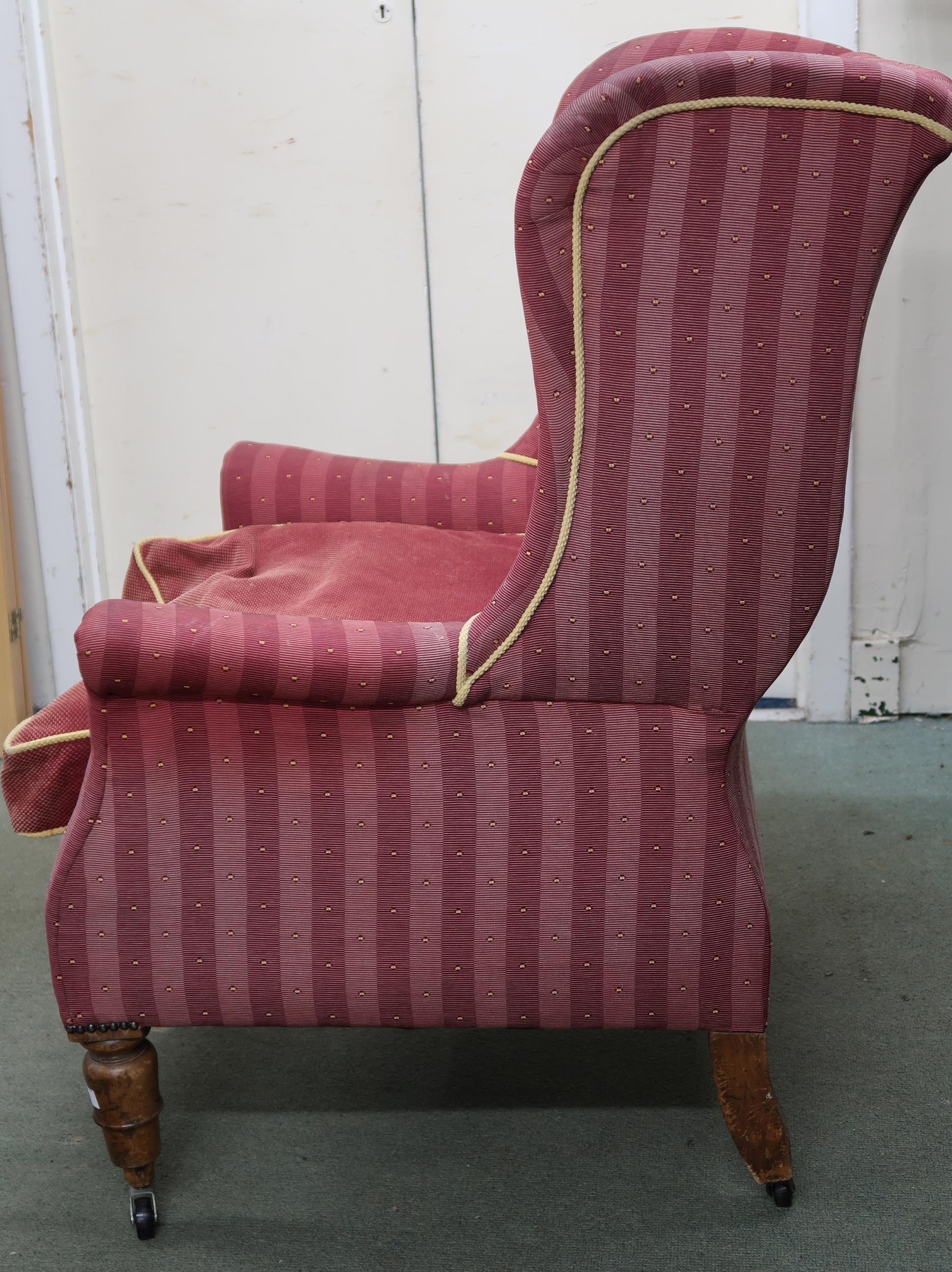 A Victorian wing back armchair with red striped upholstery on turned front supports, 110cm high x - Image 5 of 6