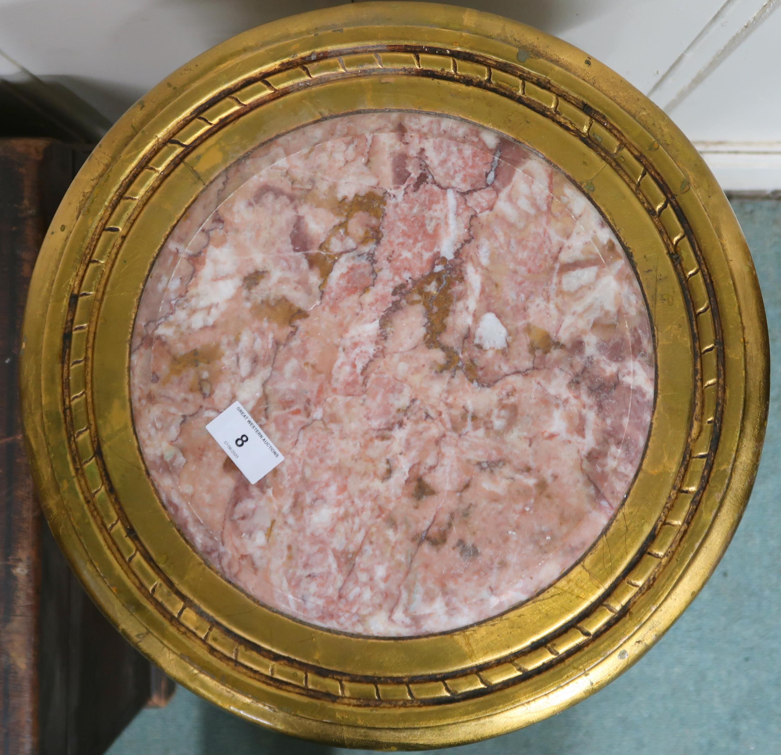 A late Victorian gilt framed jardinière stand with marble top over carved pierced friezes on - Image 2 of 4