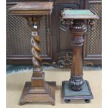 A lot comprising Victorian oak plant stand with square top on barley twist column, 85cm high x