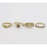 Four 9ct gold rings, shaped wedding ring, size J, swirl size O, Mackintosh pattern , size K, and a