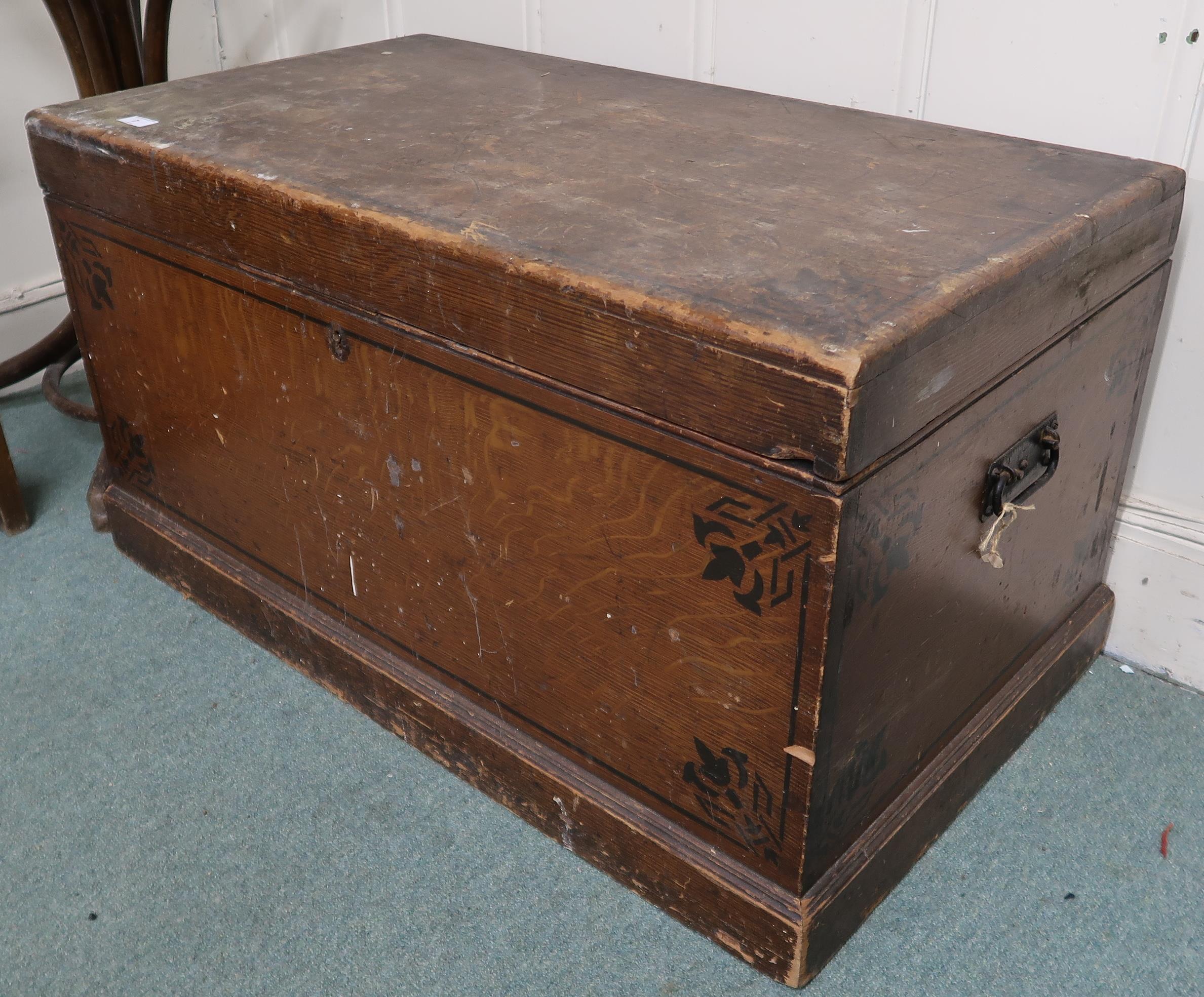 A Victorian pine blanket chest with hinged lid on plinth base, 51cm high x 96cm wide x 55cm deep - Image 5 of 5