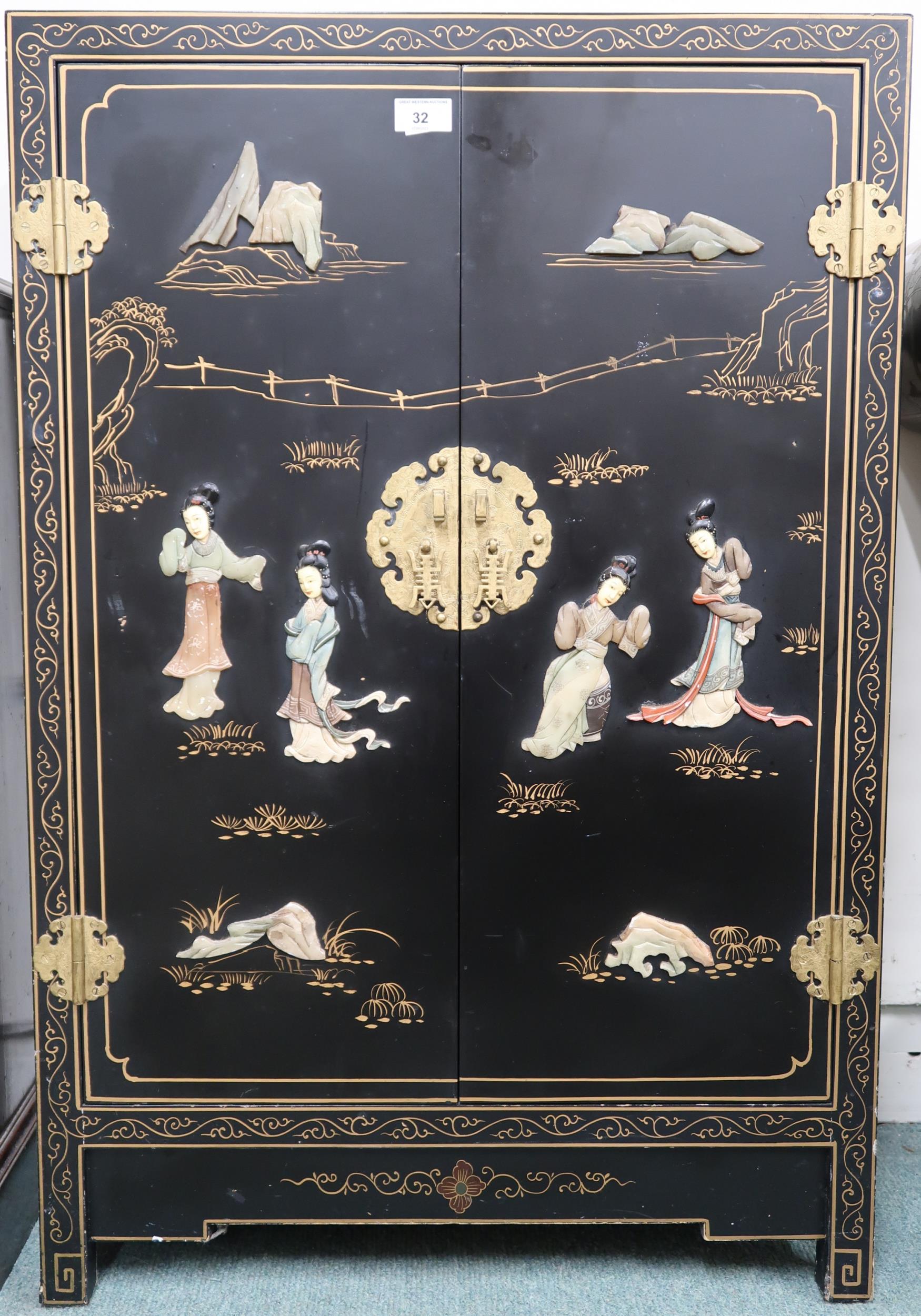 A 20th century faux lacquer Chinese style two door cabinet with stone overlays to doors on square