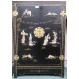 A 20th century faux lacquer Chinese style two door cabinet with stone overlays to doors on square