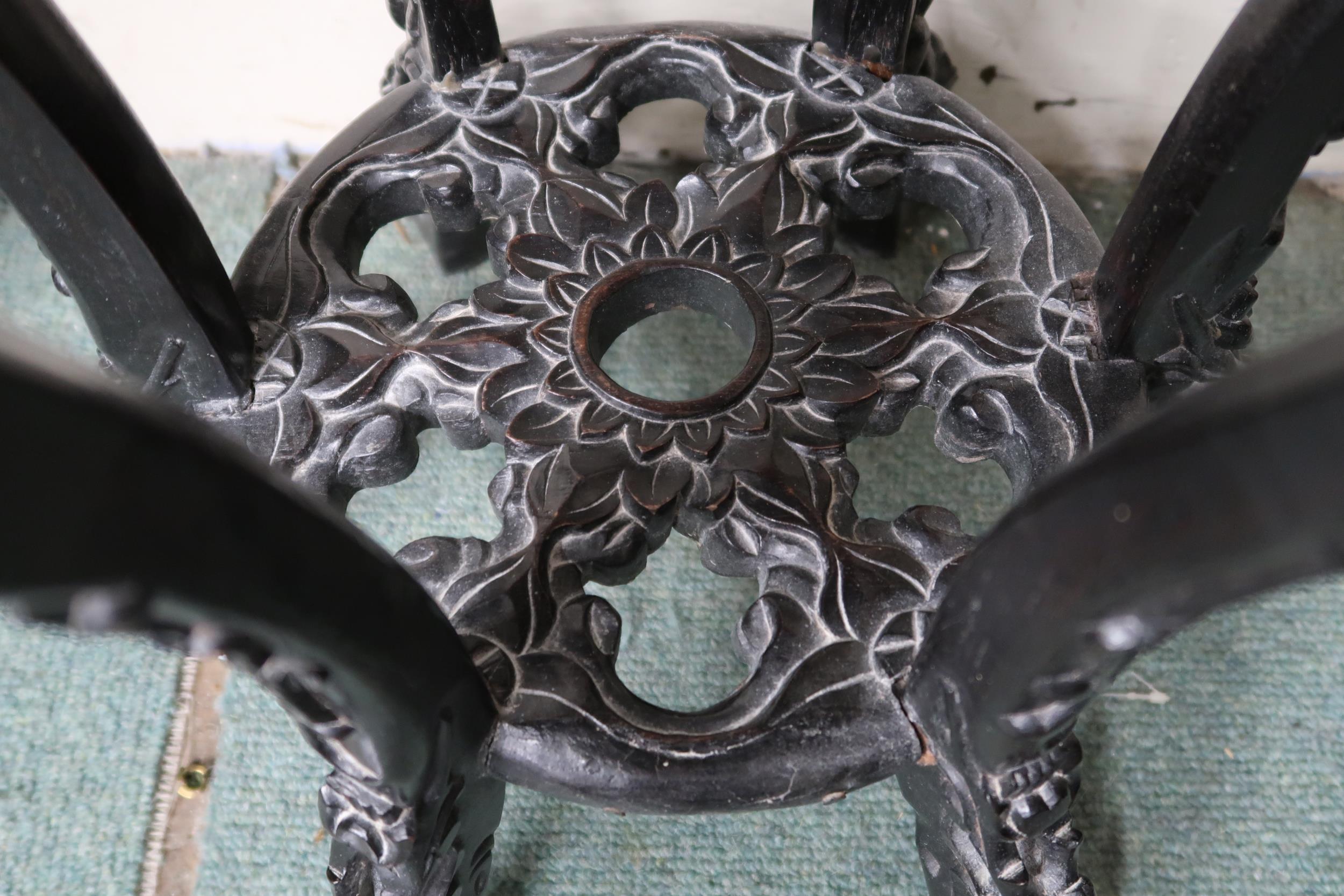 A 19th century Chinese jardinière stand with hexagonal marble inset top over carved pierced - Image 5 of 6