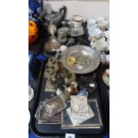 Carved stone heads, assorted metal items, mother of pearl card case etc Condition Report:No