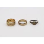 Two 9ct gold wedding rings, wide band N1/2, and P, weight 7.2gms together with a gold plated