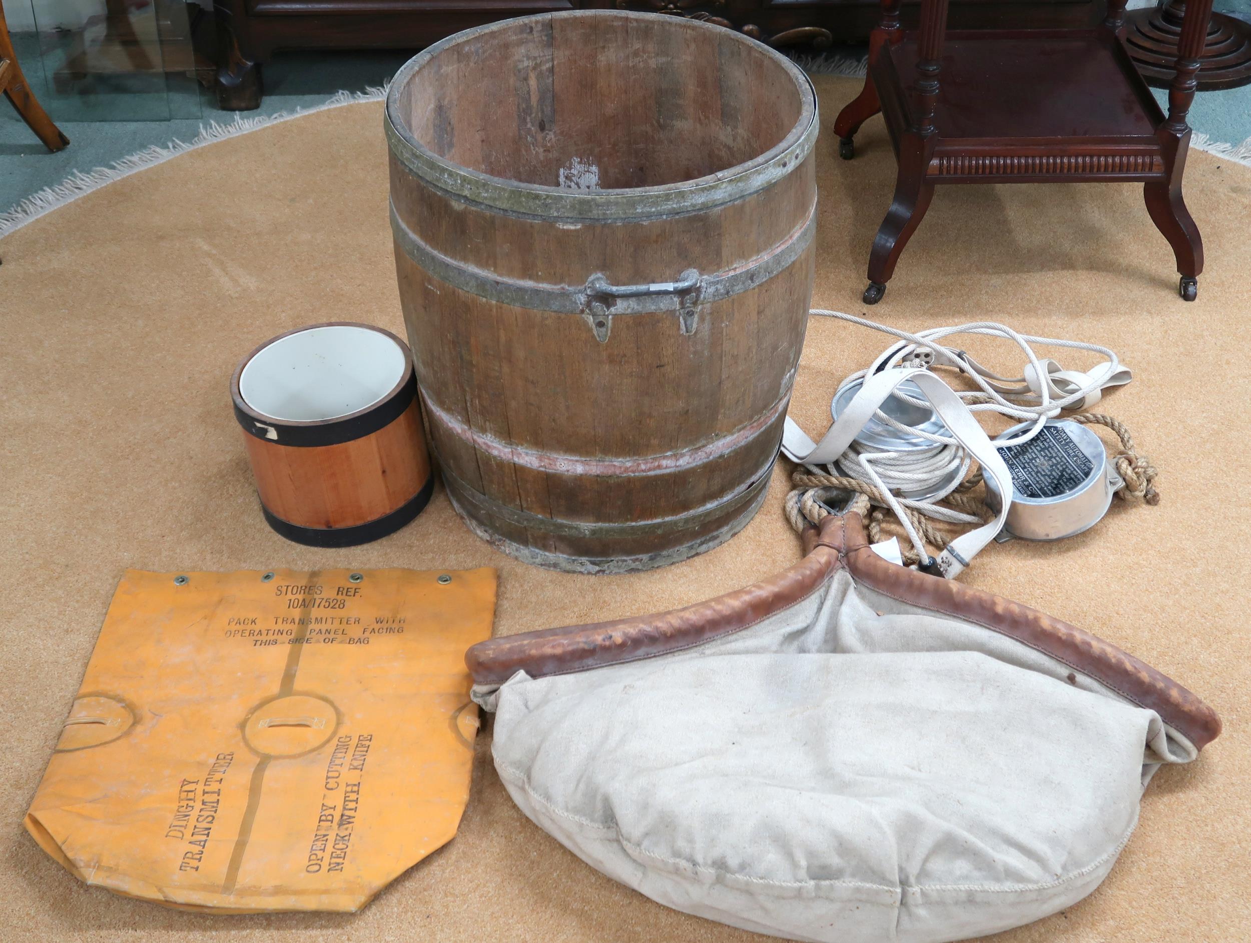 A mixed lot to include canvas and leather cargo sling with length of robe, Davy automatic safety