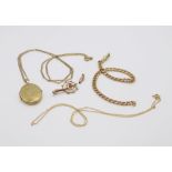 A collection of 9ct items, a yellow metal locket with a 9ct gold chain, length 50cm, a 9ct curb