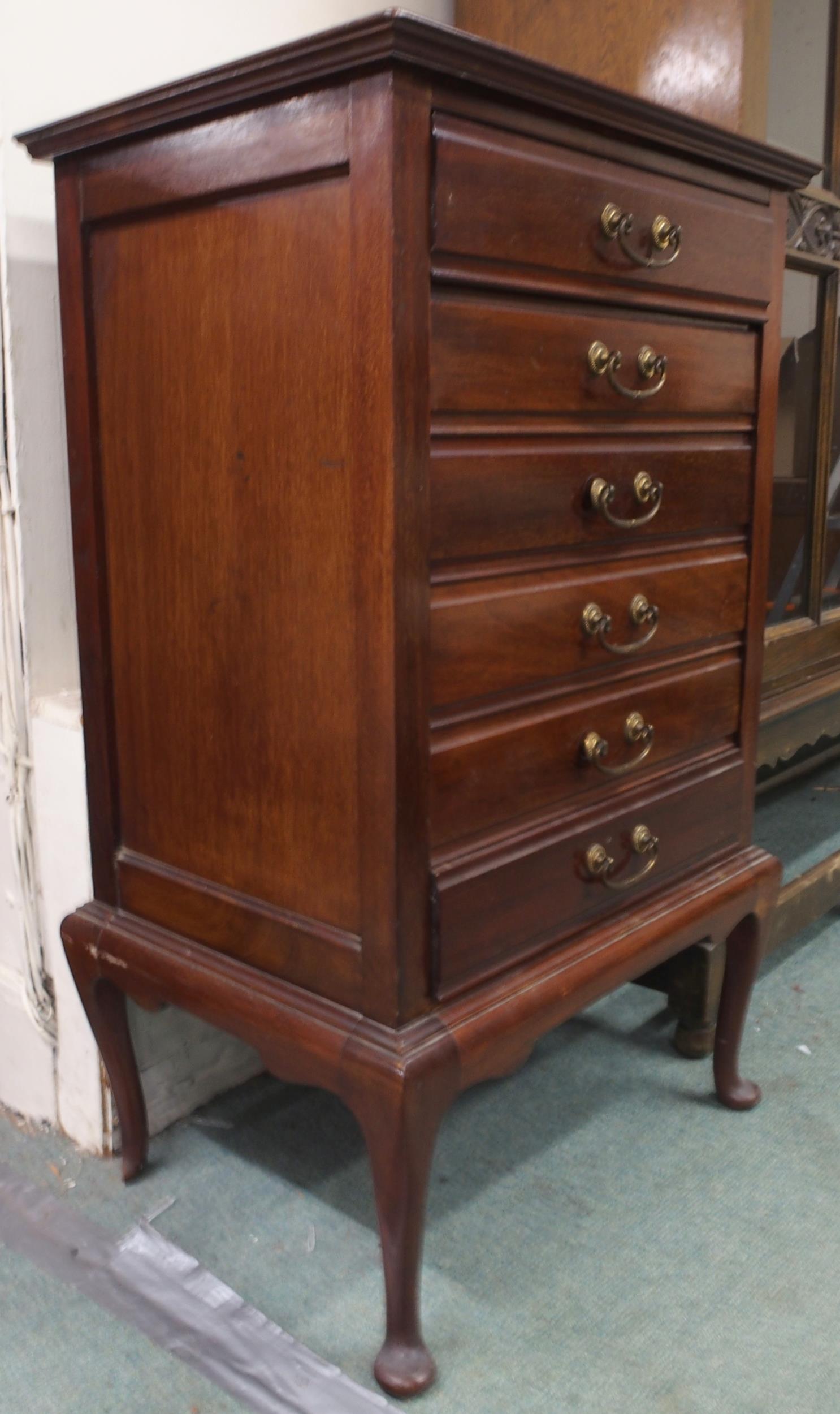 An Edwardian mahogany music cabinet with six drawers with hinged front facings on cabriole supports, - Image 2 of 6