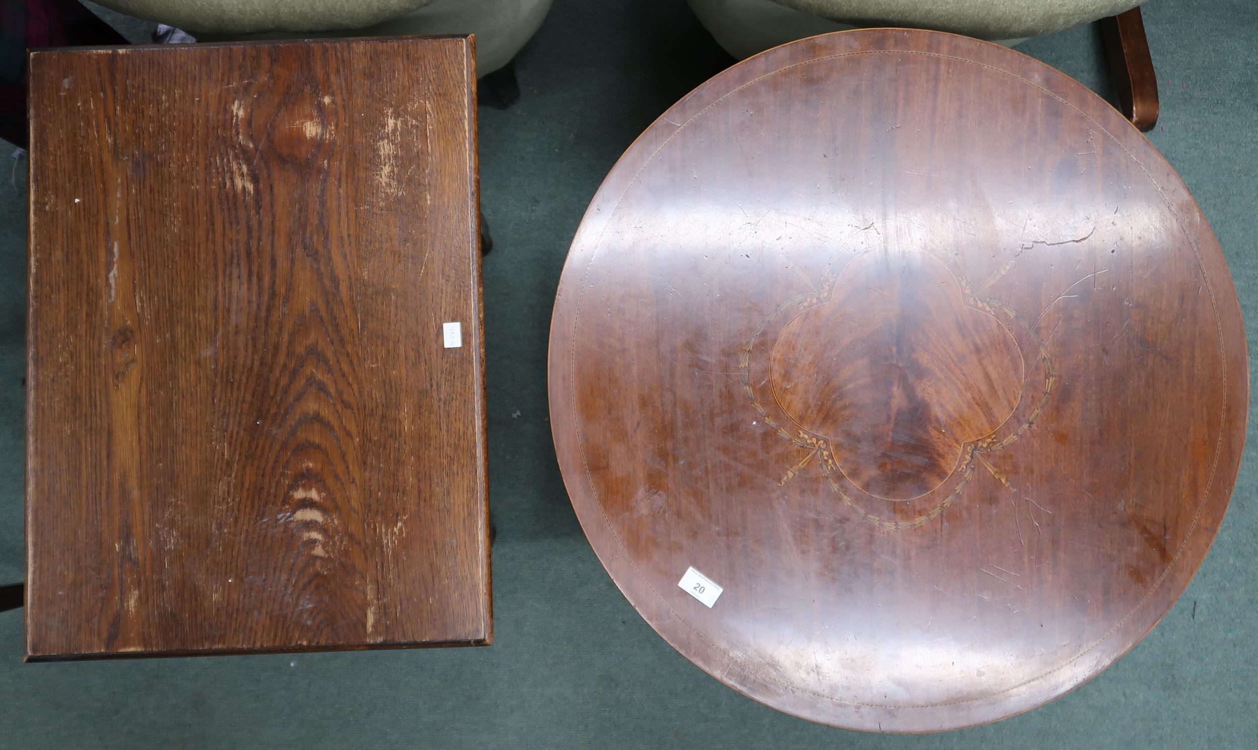 A Victorian mahogany and satinwood inlaid circular topped two tier window table and an oak - Image 2 of 5