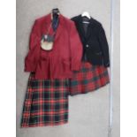 A long ladies tartan skirt, a gents tartan kilt, a dress jacket, a red jacket, sporran etc Condition
