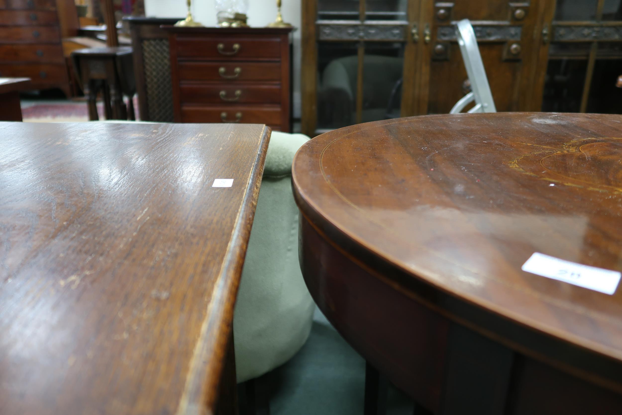 A Victorian mahogany and satinwood inlaid circular topped two tier window table and an oak - Image 4 of 5