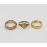 An 18ct gold wedding ring, (snipped shank)approx size M1/2, weight 4.1gms, together with a 9ct