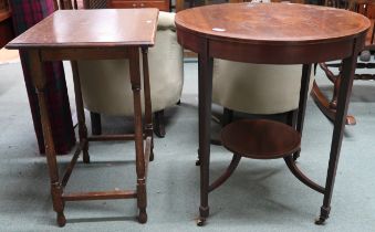A Victorian mahogany and satinwood inlaid circular topped two tier window table and an oak