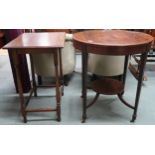 A Victorian mahogany and satinwood inlaid circular topped two tier window table and an oak