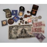 A mixed lot of coins, banknotes and medals to include a Liberty head, facing left US dollar 1820,