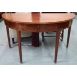 A late Victorian mahogany and satinwood inlaid demi lune table with single drawer flanked by faux