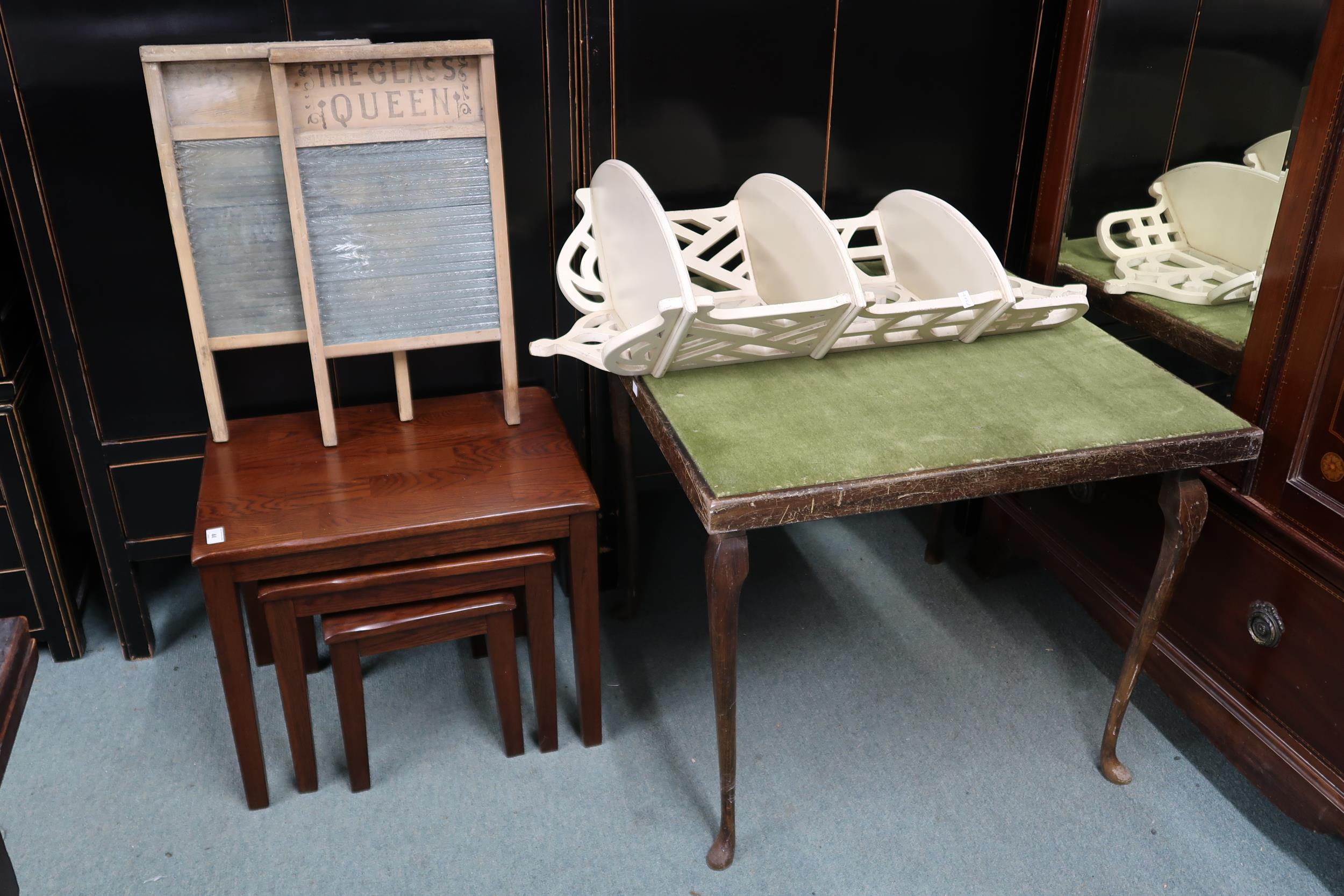 A lot comprising Victorian folding card table, three tier wall shelf, nest of three tables and two - Image 2 of 5