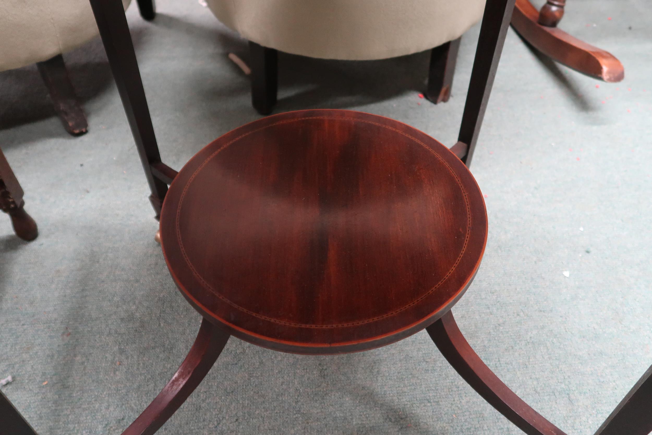 A Victorian mahogany and satinwood inlaid circular topped two tier window table and an oak - Image 5 of 5