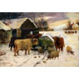 C.W.MIDDLETON Highland cattle feeding, signed, oil on board, 33 x 47cm and another (2) Condition
