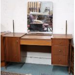 A mid 20th century teak mirror backed dressing table with central mirror over tambour drawer flanked