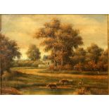 BRITISH SCHOOL Cattle grazing beside a stream, oil on board, 19 x 24cm Condition Report:Available