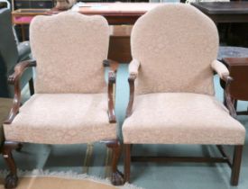 A lot of two assorted 19th century style open armchairs with beige damask upholstery first chair