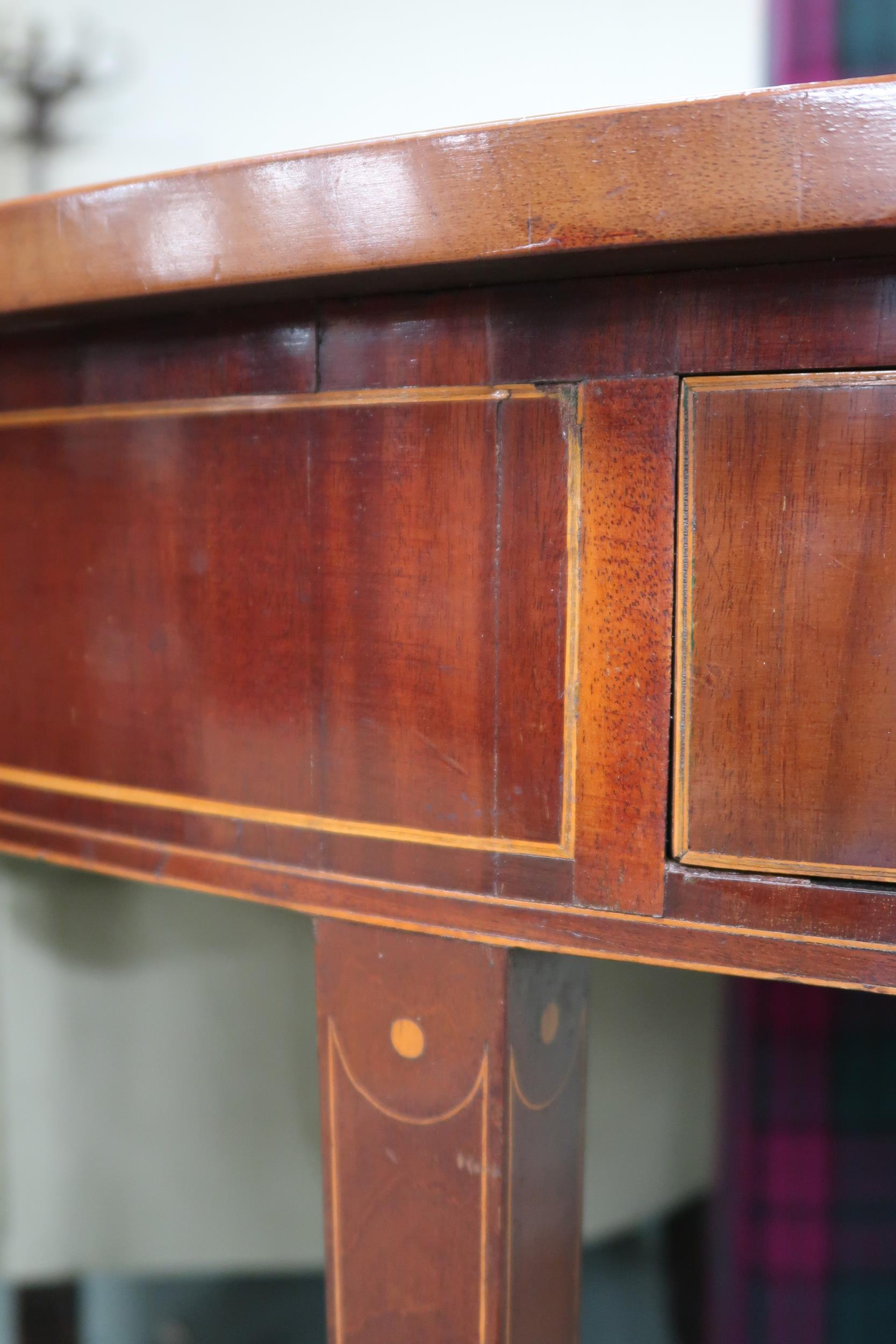 A late Victorian mahogany and satinwood inlaid demi lune table with single drawer flanked by faux - Image 3 of 5