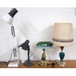 A lot to include brass based desk lamp with green glass shade, anglepoise style desk lamp,