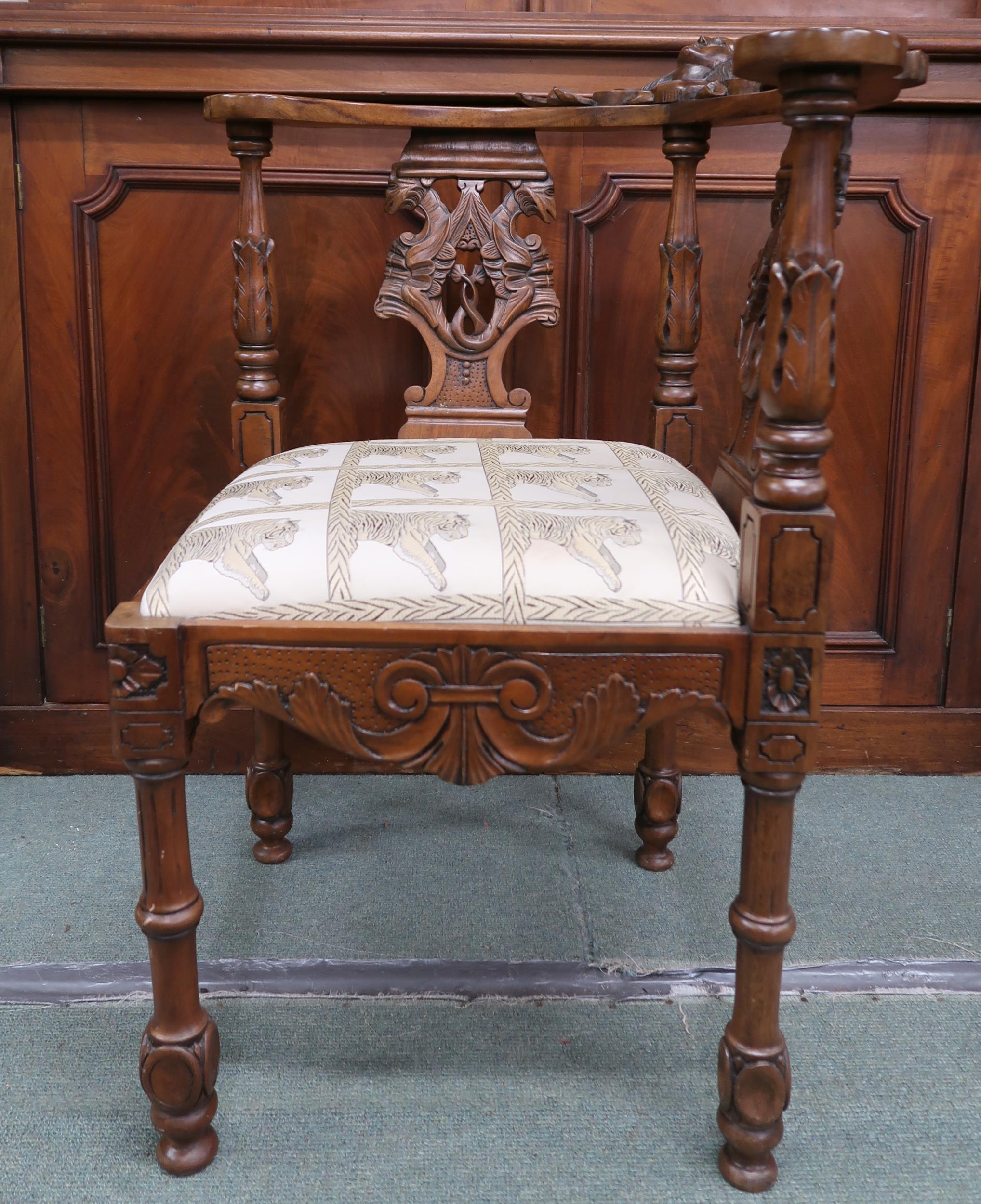 A 20th century walnut corner chair with shaped back over carved pierced splats joined to seat with - Image 6 of 8