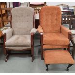 A lot comprising mid 20th century teak framed American style rocking chair with grey upholstery