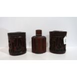 A Chinese coppered tea caddy, of lobed form, a pair of Chinese carved bamboo brush pots, decorated