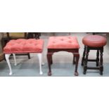 A lot comprising two assorted button upholstered stools on cabriole legs and a vinyl upholstered pub