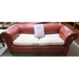 A 20th century leather upholstered club style drop end settee with upholstered cushions, 73cm high x