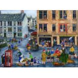 SHEENA HOLMER (SCOTTISH) MARKET SCENE Oil on canvas, signed lower right, 44 x 58cm Condition
